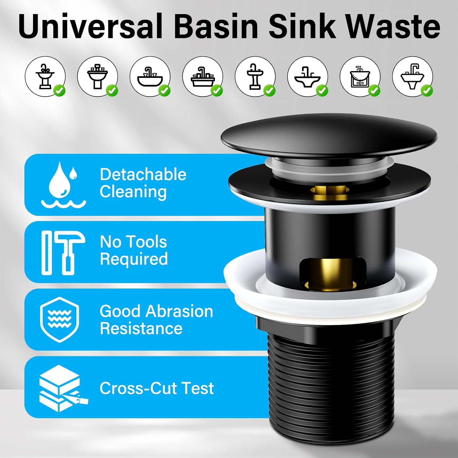 Bonde de Lavabo Bonde Pop-up avec Trop-plein Automatique Universelle Noir Vasque Baignoire Salle de Bain - 4