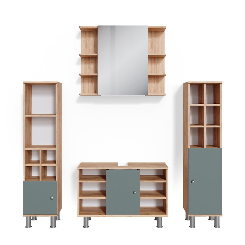 Vicco Zestaw mebli łazienkowych Fynn, Zielony, 4 części, z wysoką szafką