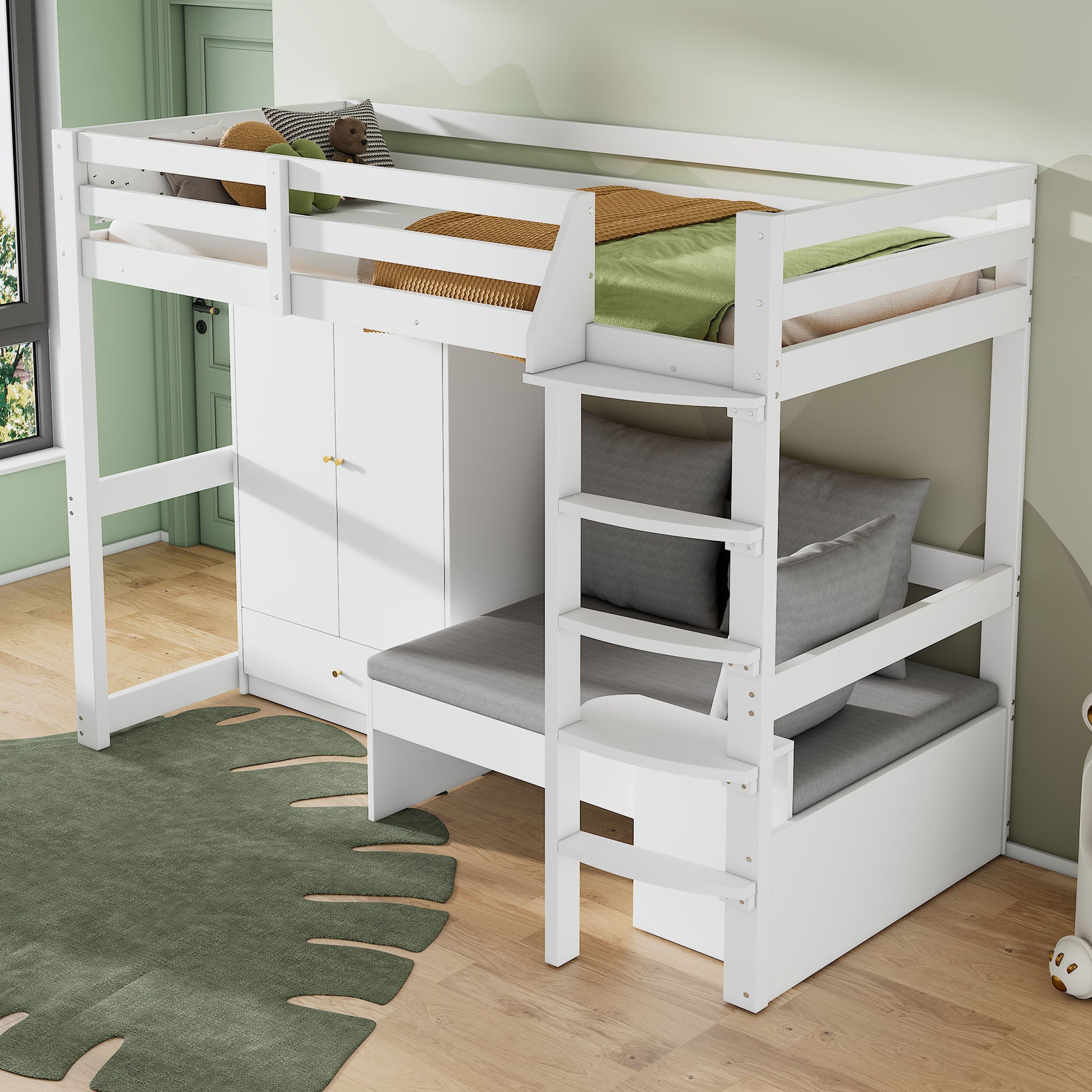 Letto a castello 90 x 200 cm, letto per bambini, con scaletta, armadio, divano con spazio contenitore, senza materasso, legno massello, bianco - 4