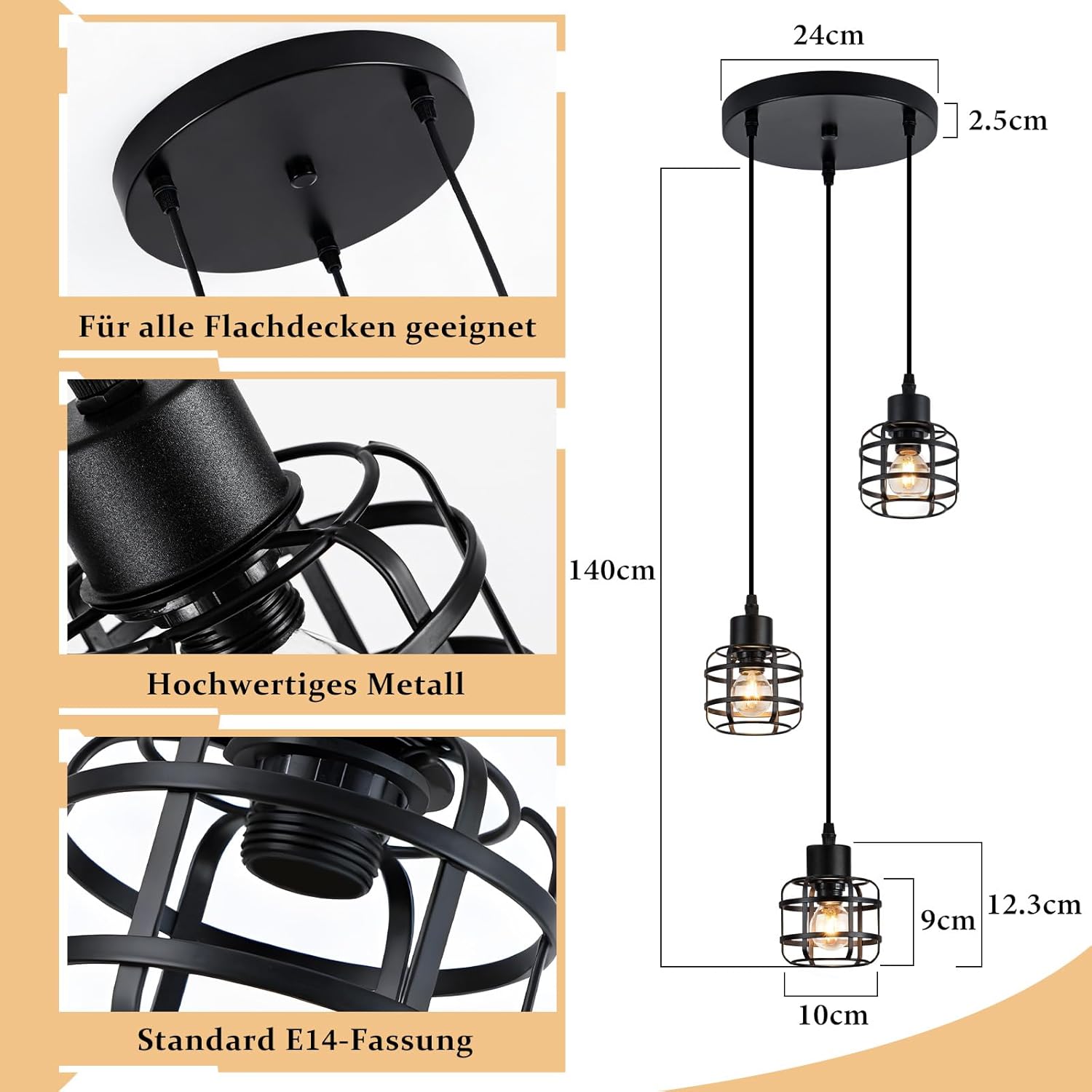 Lampa wisząca Nettlife Vintage z trzema żarówkami – czarny metalowy żyrandol E14 w stylu retro – regulowana wysokość (żarówki nie są dołączone) - 2