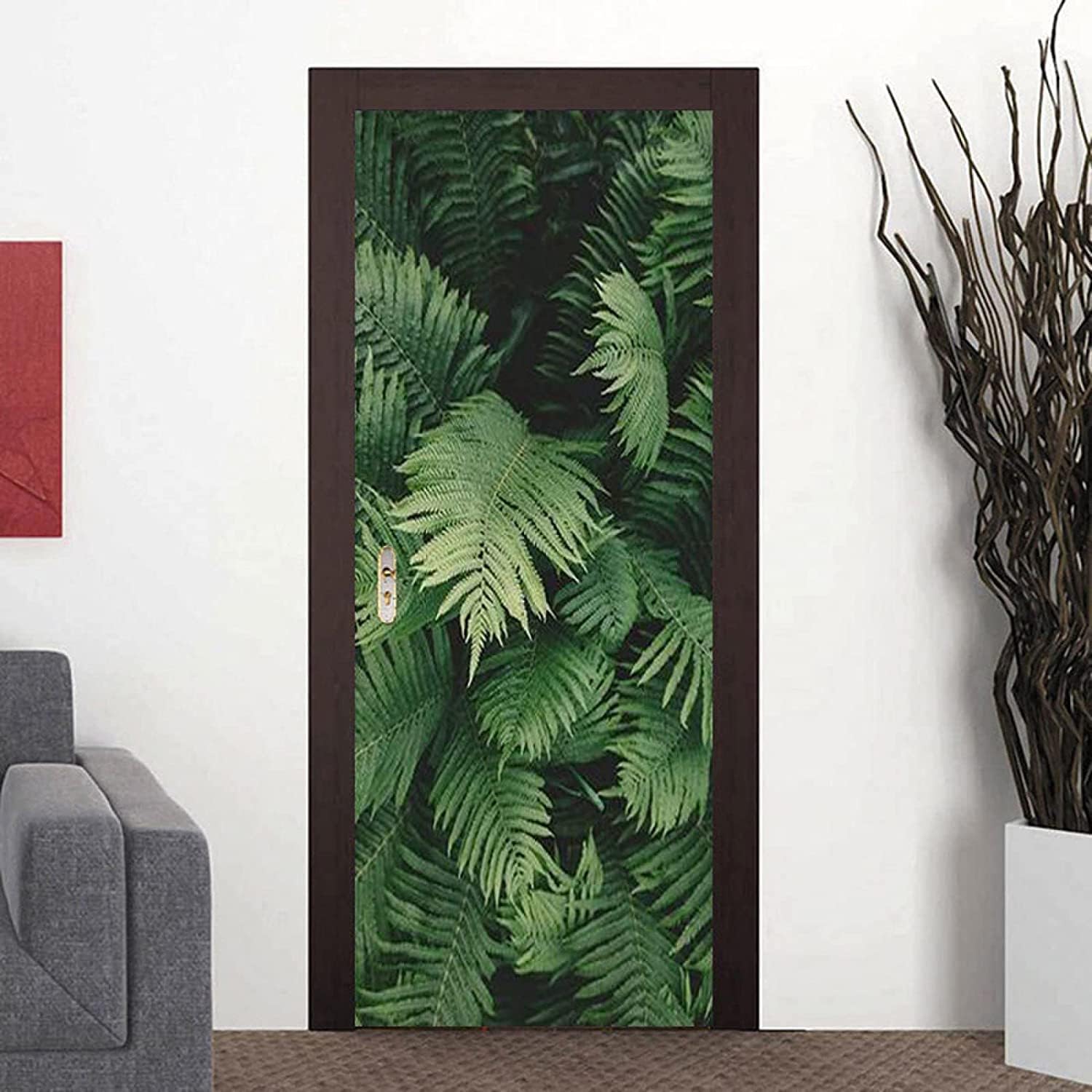 Naklejki na drzwi 3D samoprzylepne zielone liście tropikalne 77 x 200 cm, zdejmowana naklejka ścienna na drzwi, dekoracja XL