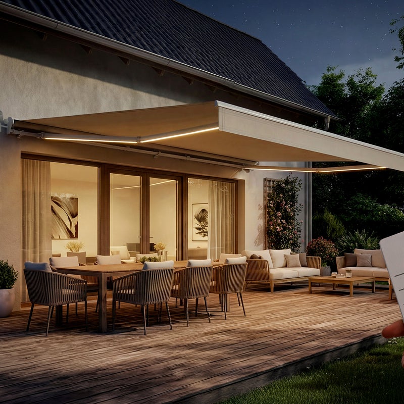 Markiza LED FAZZIO 5x3m biała, półkasetowa, z napędem silnikowym, z beżową tkaniną