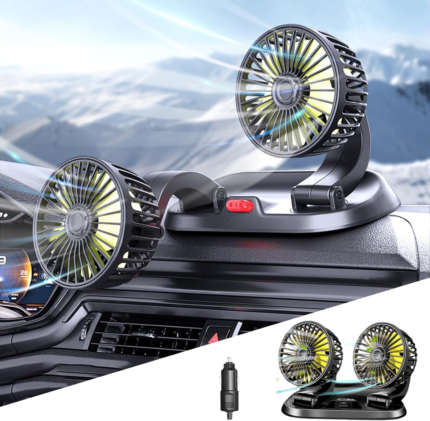 Wentylator samochodowy z podwójną głowicą, 12 V, 2 prędkości, obrotowy o 360°, z wtyczką do zapalniczki, do SUV-ów, kamperów i innych pojazdów