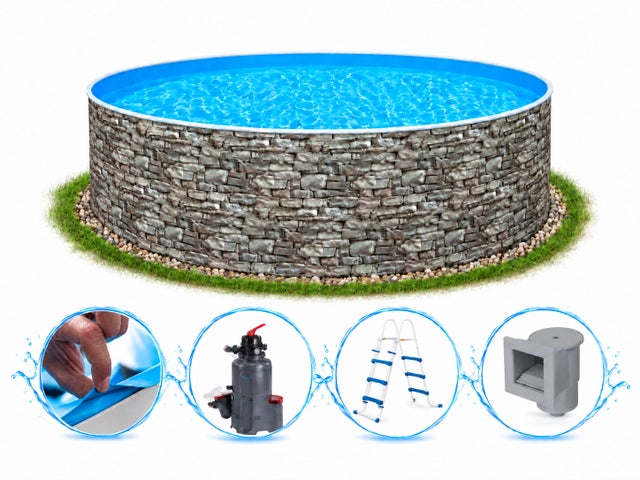 Piscina rotonda fuori terra in acciaio Azuro 4×1,2 m, effetto pietra, con liner, skimmer, scaletta, filtro a sabbia e fori decentrati.