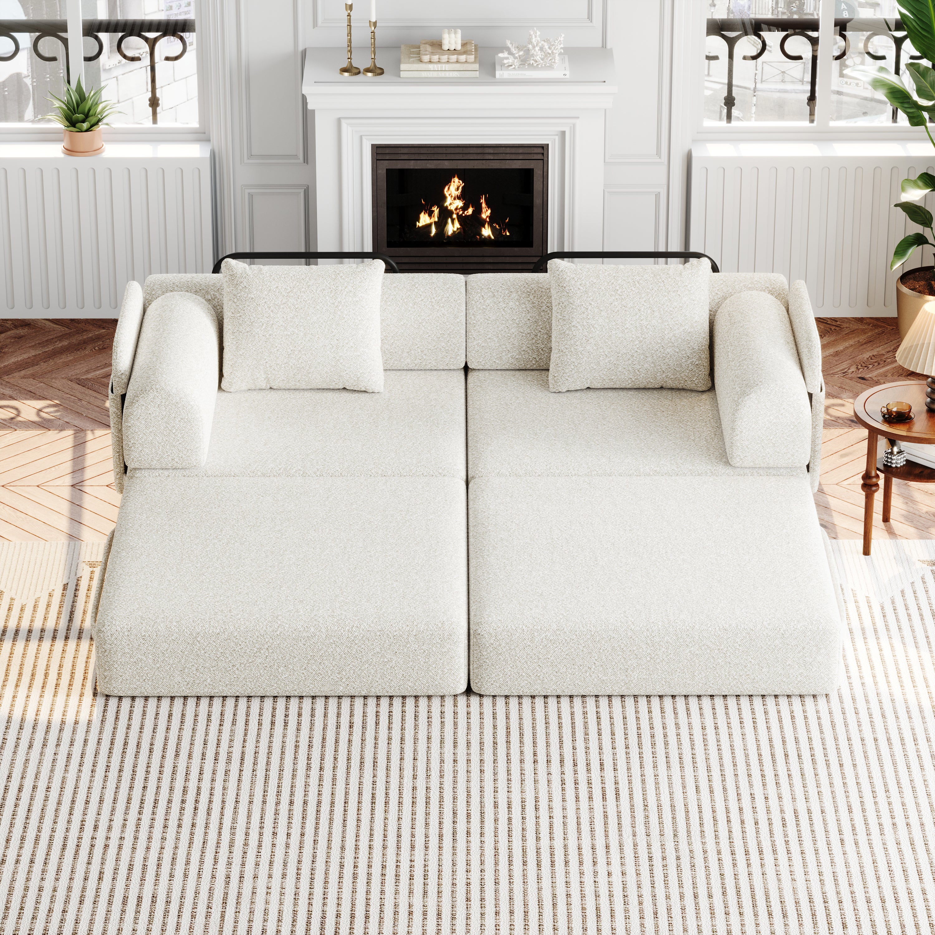 Canapé convertible 2-en-1, 2 places, design breveté, rangement accoudoir, 3 cadres métal, configurations multiples, chenille, Beige, 183x91x70 cm - 8