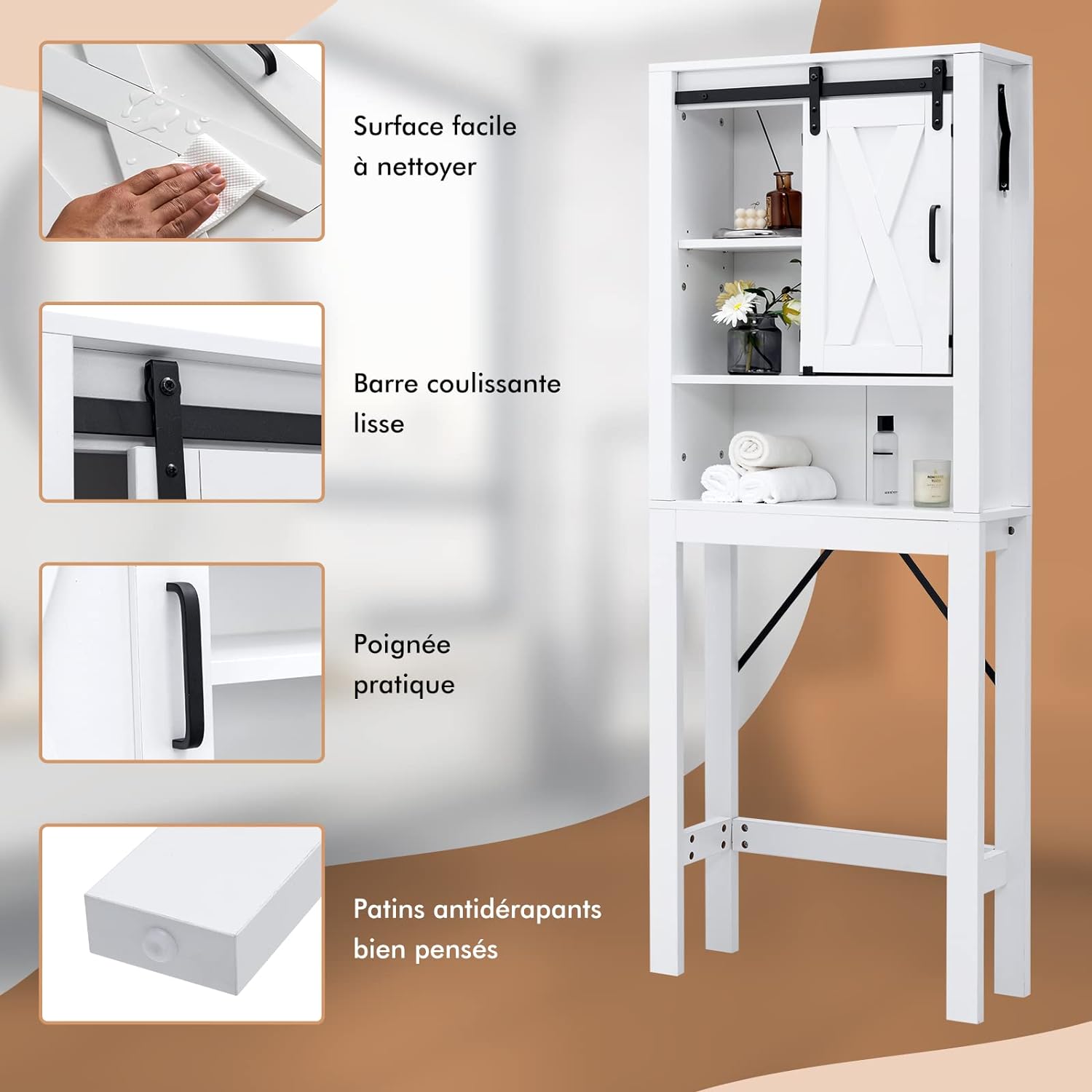 Armario Sobre El Inodoro De 3 Niveles - Organizador De Baño Blanco Con Puerta Corredera