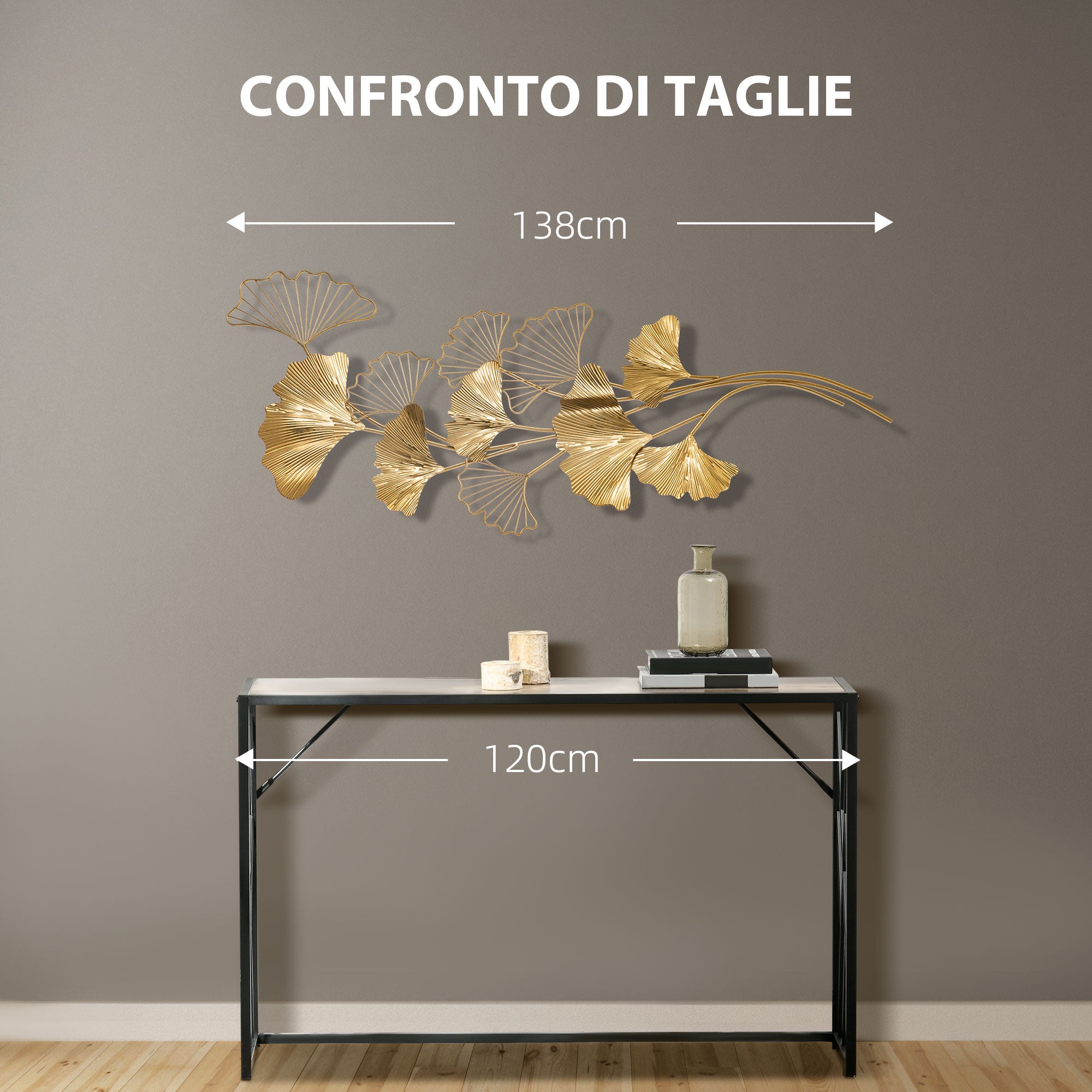 HOMCOM Decorazione Murale 3D in Metallo, Wall Art Dorata con Foglie di Ginkgo 138x70cm - 7