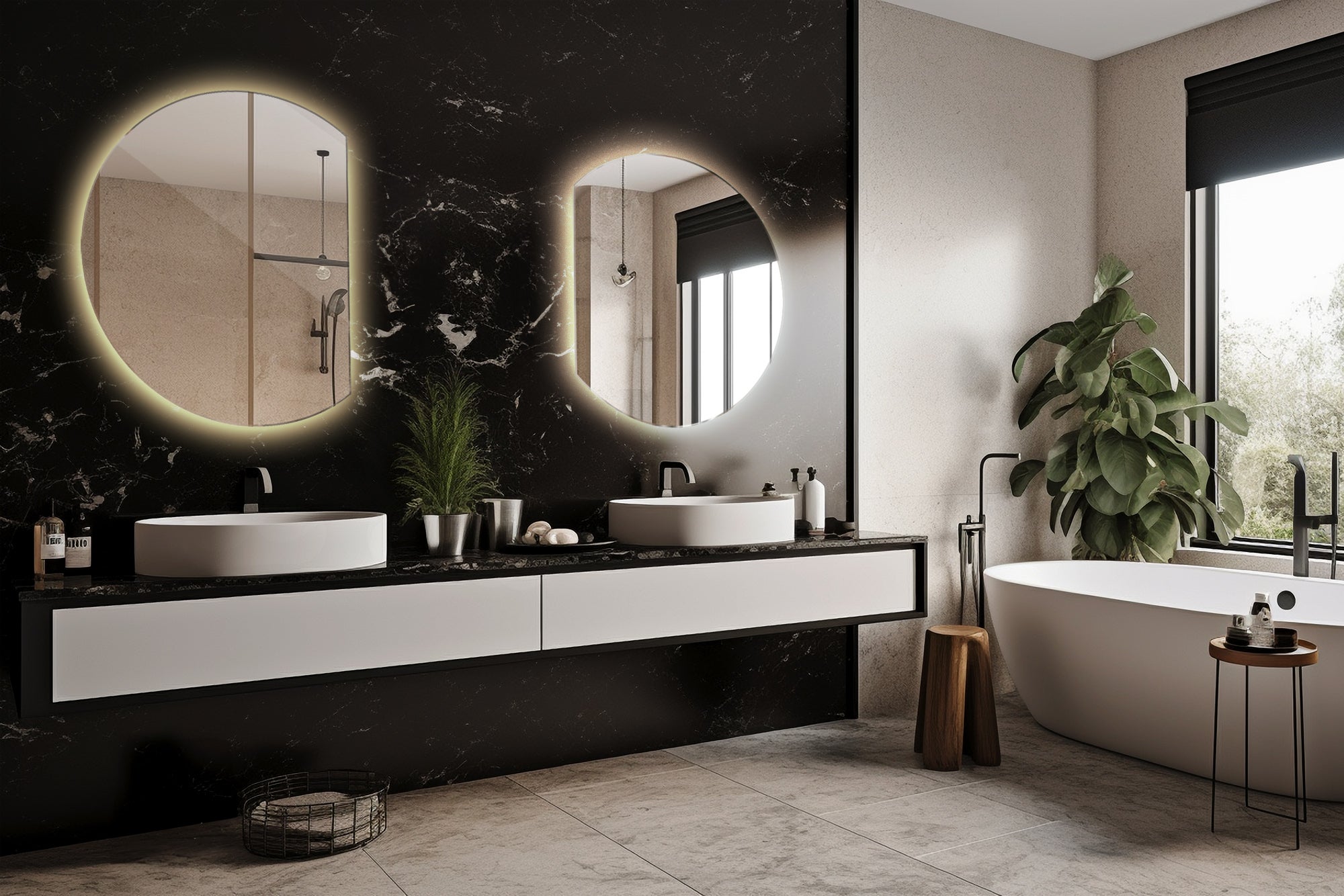 Grand miroir mural cercle coupé lumière chaude LED design 84x100 cm, ArtPrintCave - 5