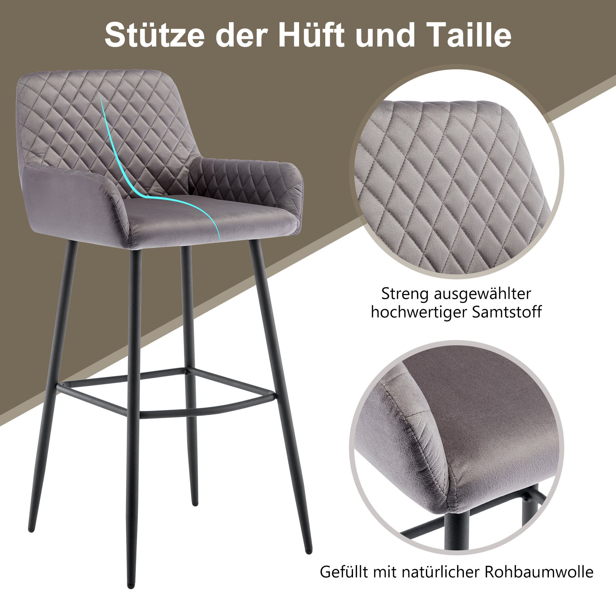 Tabouret de bar, tabouret de comptoir, siège rembourré, chaise de bar avec dossier, accoudoir et repose-pieds, velours, gris, lot de 2 - 3