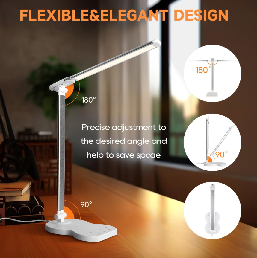 Lampe de bureau LED réglable, 5 couleurs et 10 niveaux de luminosité, lampe de lecture tactile avec minuterie 45 min, lampe de table LED - 5