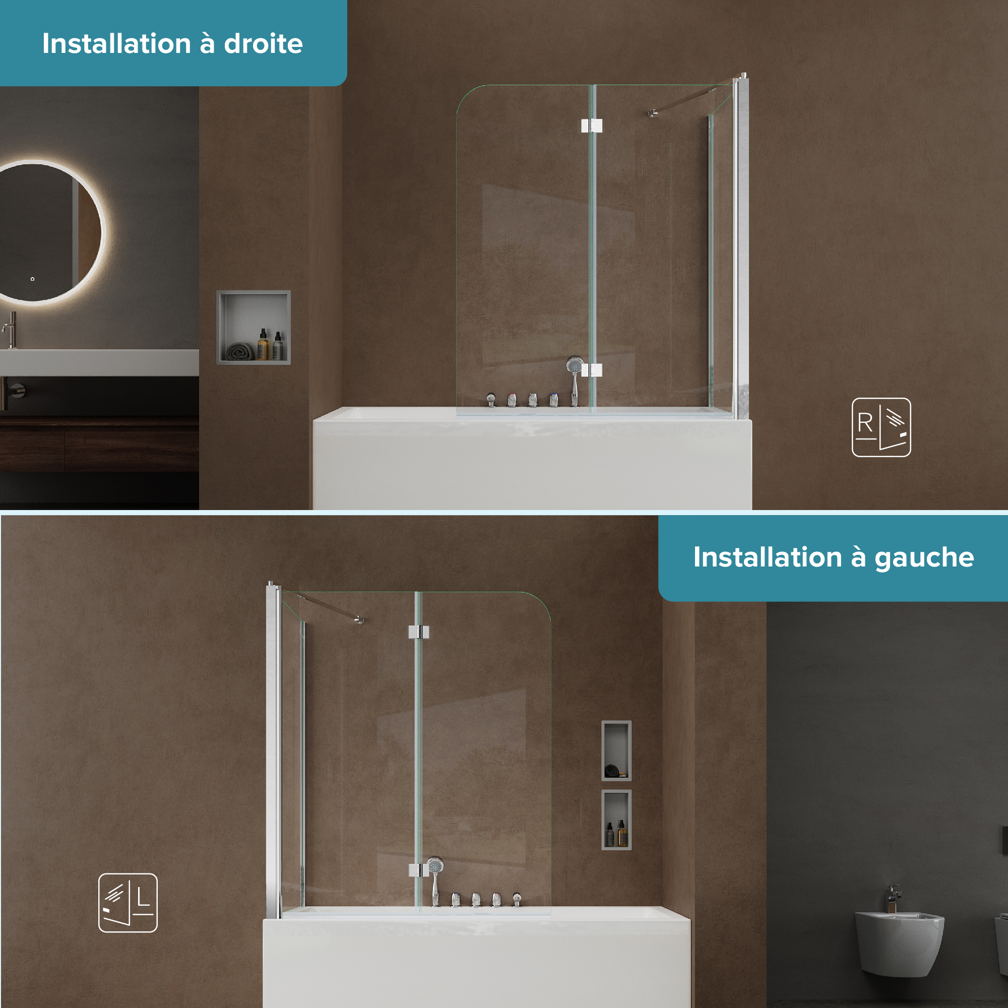 doporro Paroi de Baignoire 70x120x140cm Pare Baignoire Fixe Plus 2 Volets Montage Réversible Verre Trempé Transparent 6mm Cortona113 - 6