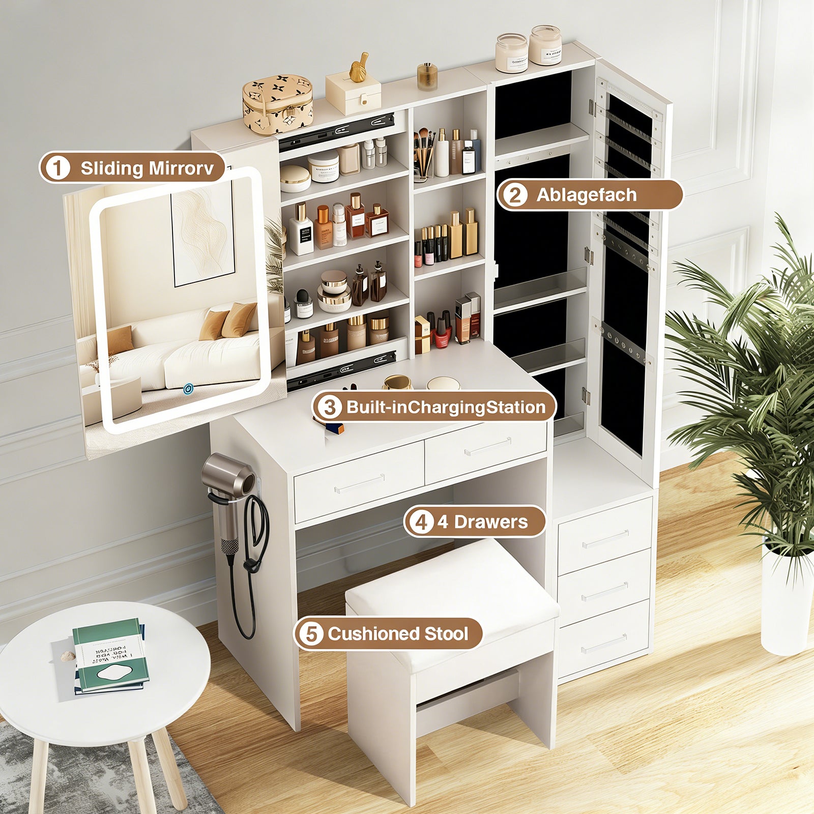 Coiffeuse 5 tiroirs miroir coulissant LED 3 tons avec station de charge intégrée rangement bijoux tabouret meuble chambre grande capacité - 6