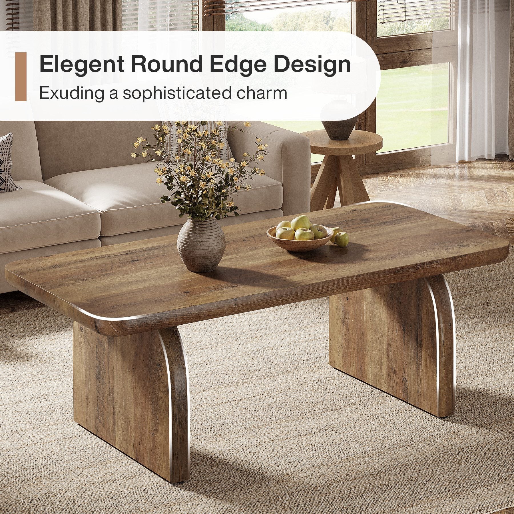 Tribesigns 120 cm Table basse rectangulaire , style fermier en bois avec base stable et coins arrondis, brun rustique, facile à monter - 7