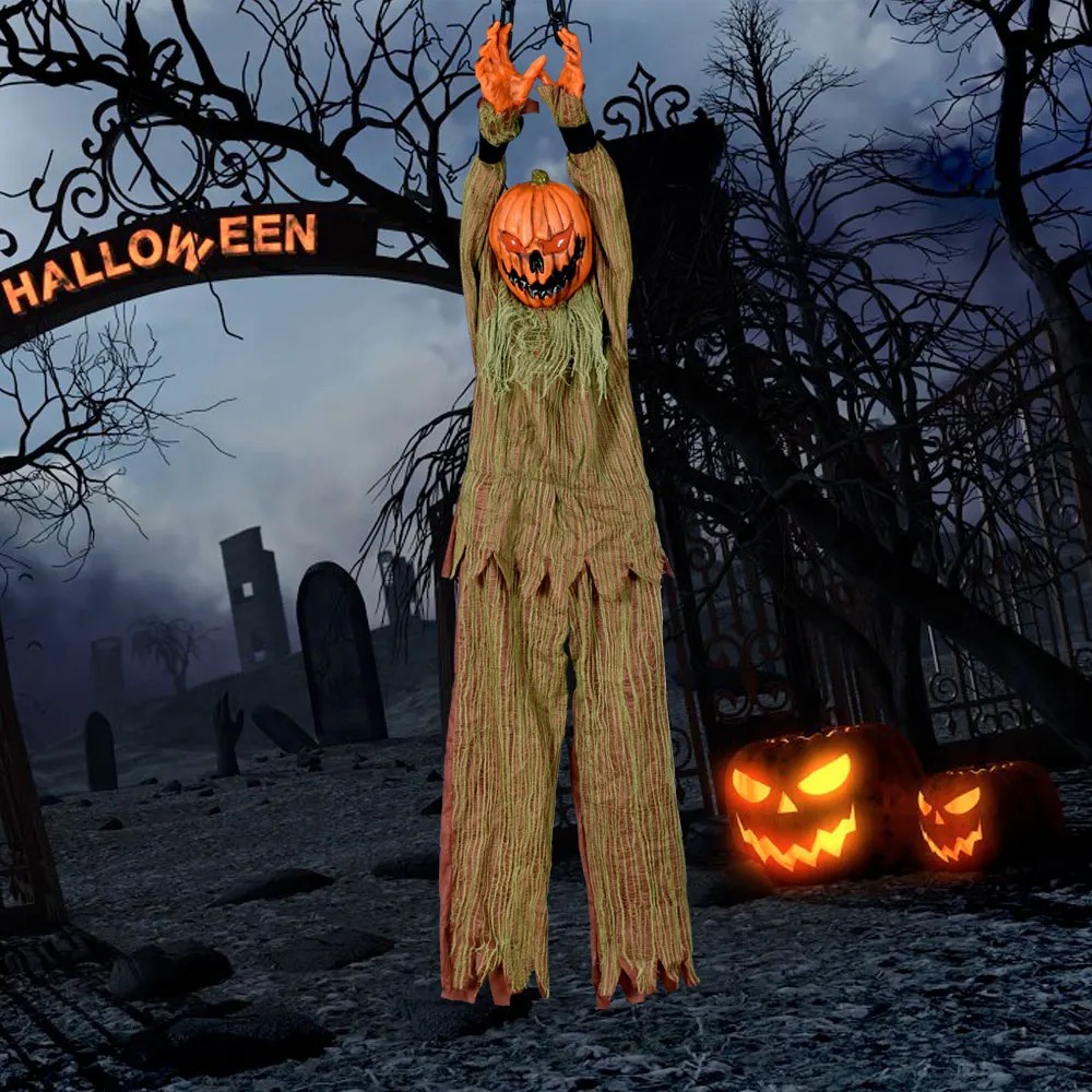 Fantasma di zucca sospeso per Halloween con catena, occhi luminosi e suono horror, accessorio per casa infestata - 2