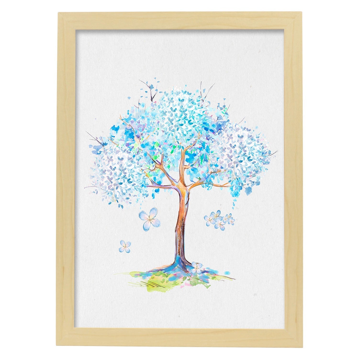 Poster de coronas florales. lamina arbol azul lila, ilustrada con disenos de flores, plantas, y animales. marco blanco - a3