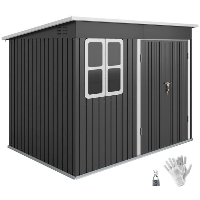 Abri de jardin en métal avec fenêtres et une large porte, mesurant 260 x 177 x 190 cm, gris foncé.