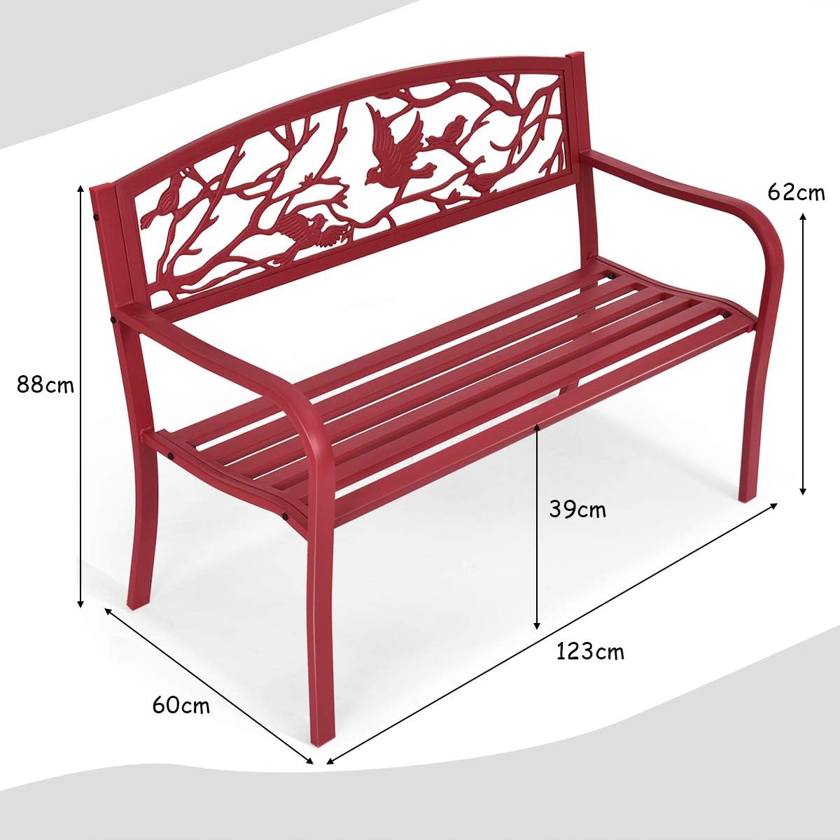 Banc de Jardin en Métal, Dossier Ergonomique avec Motif a l’Oiseau en Fer Forge, 2-3 Places, avec Accoudoirs et Dossier Ergonomique, 280KG,Rouge - 6