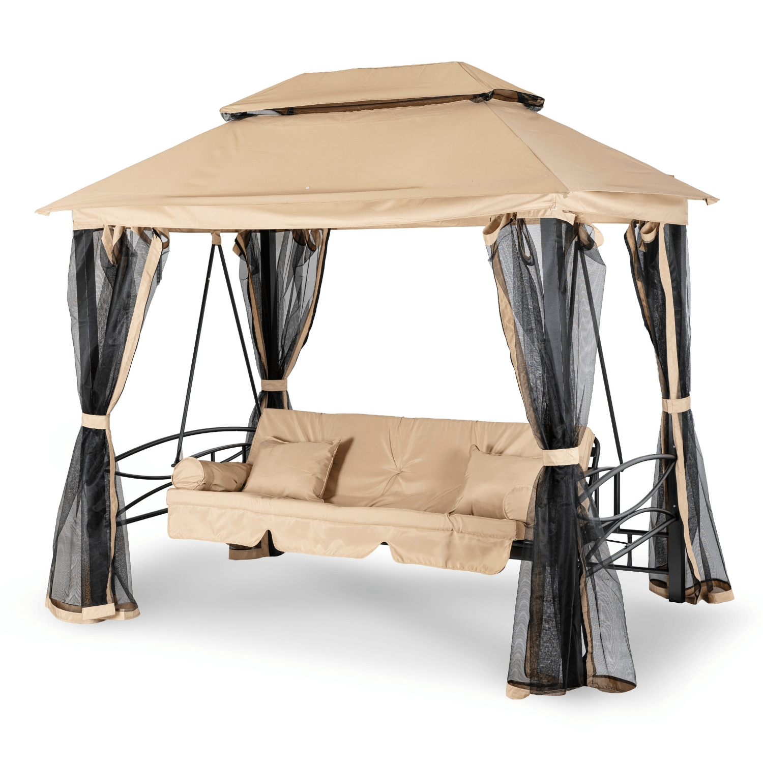 Huśtawka Ogrodowa Wolnostojąca z Daszkiem Ławka Moskitiera Beżowa CARMEN