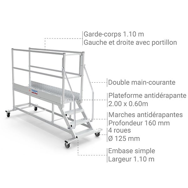 Plateforme roulante 3 marches - Hauteur max. de travail 2.60m - PTF203GD-P - 3