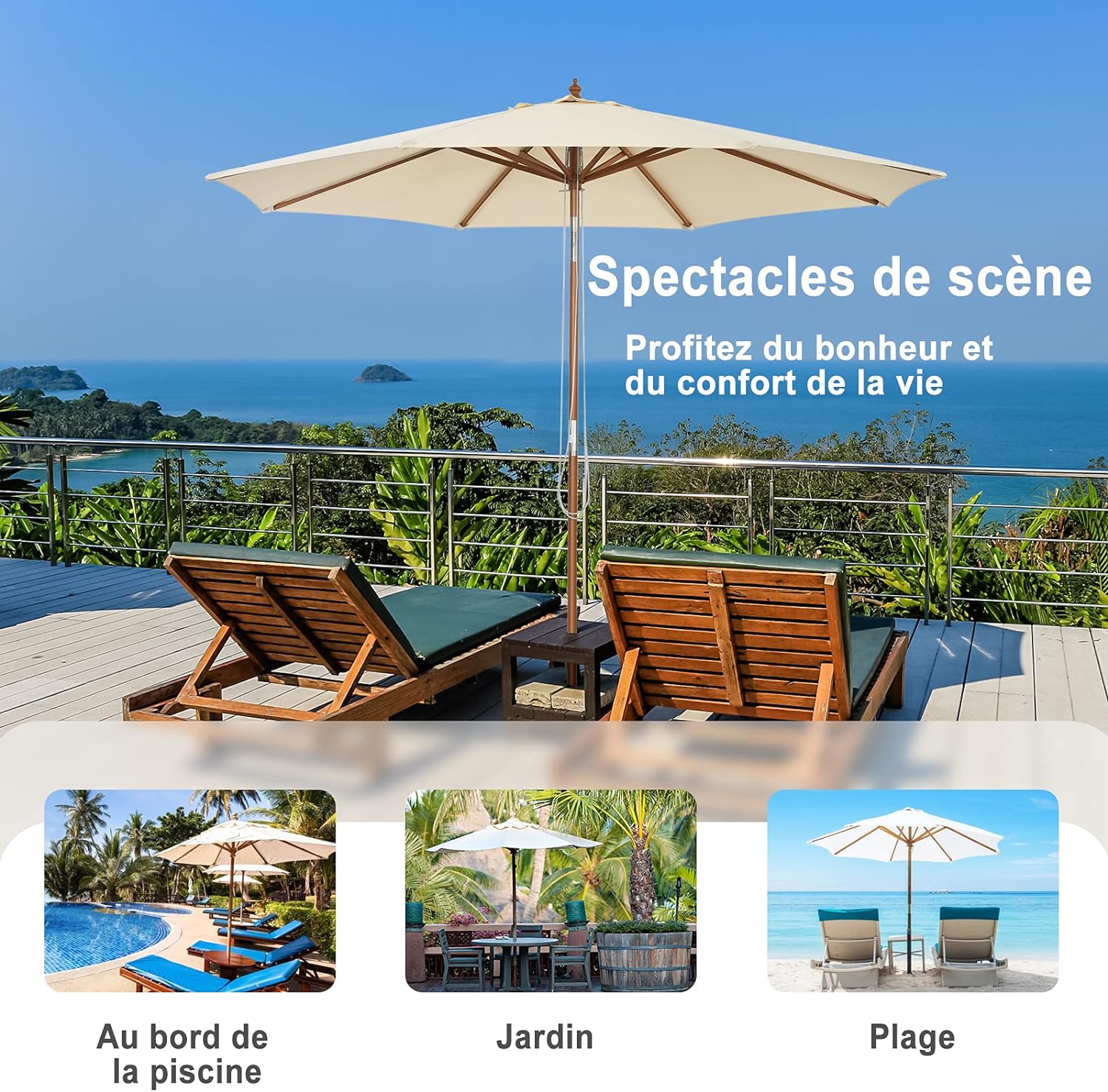 Ø3Mx H2,58M Parasol Déporté 8 Baleines en Bois avec Manivelle, Poteau de Parapluie Inclinable, pour Pare-Soleil de Plusieurs Angles - 3