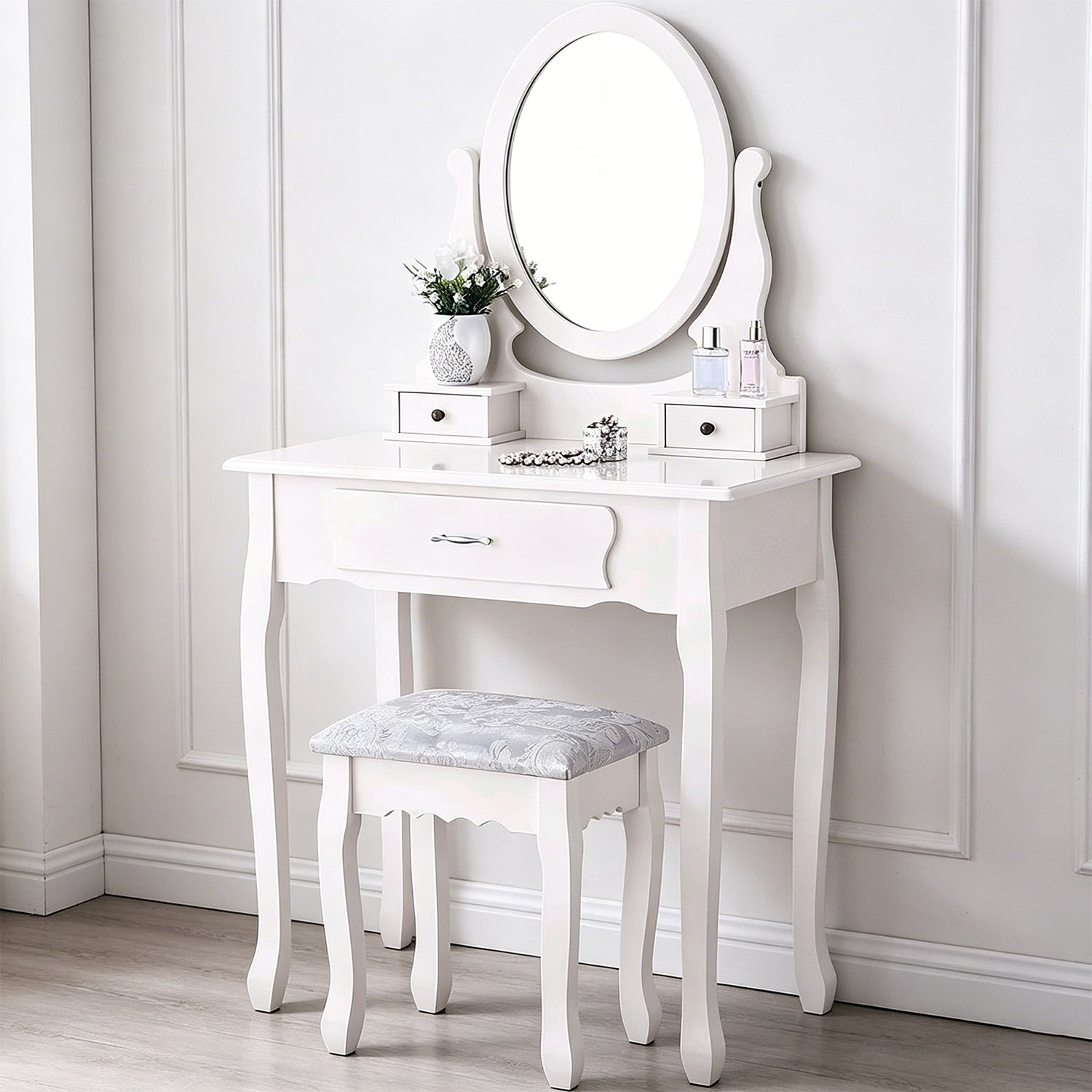 Coiffeuse Blanche avec Miroir Pivotant 360°, Table de Maquillage 3 Tiroirs et Tabouret Rembourré, Bureau 2-en-1 Chambre, 75x40x136cm - 8