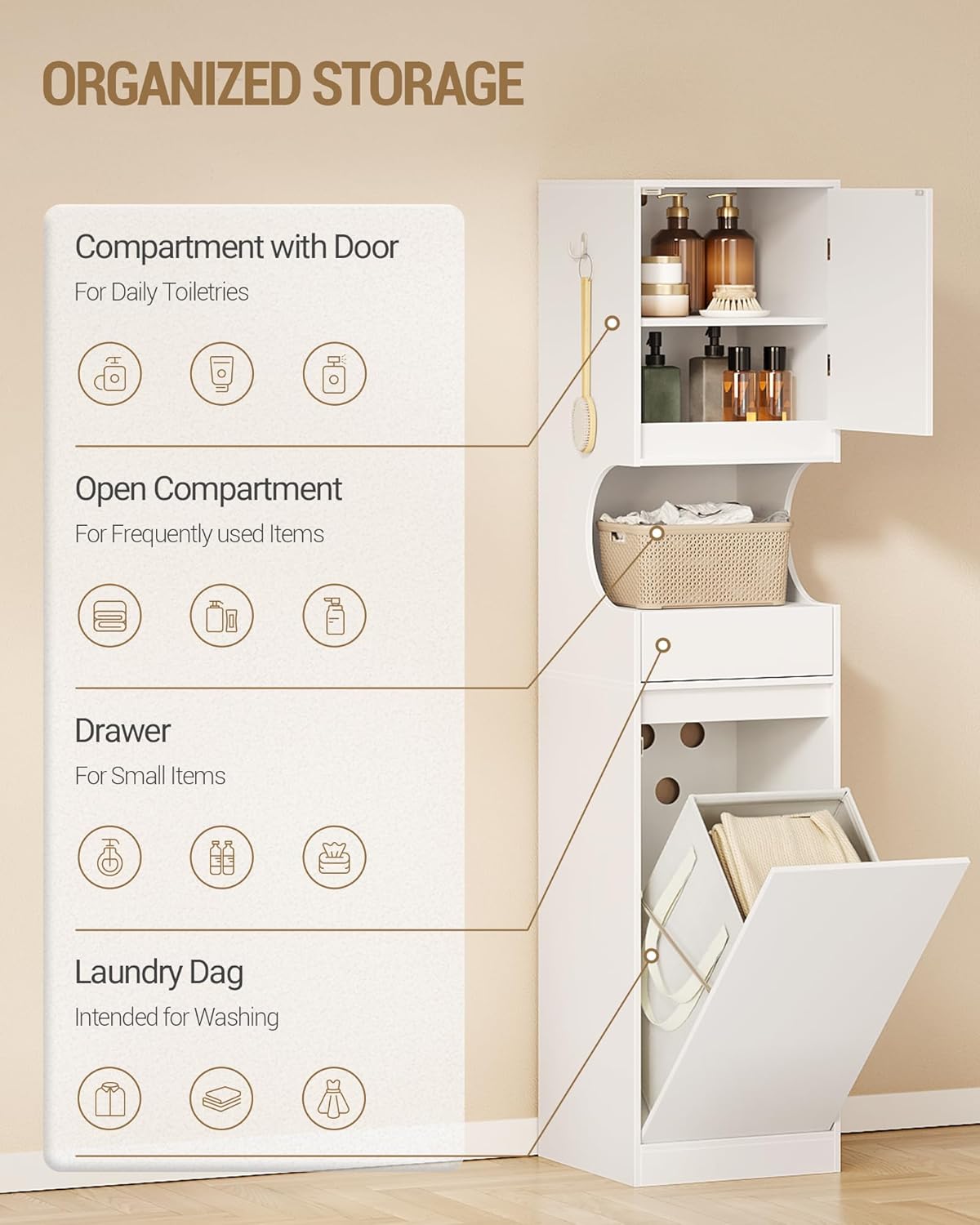 Mueble Columna de Baño, Mueble Ropa Sucia 1 Cesto para Ropa, Columna de Baño Mueble de Baños, Apto para baños, lavadero, Sala de Estar, Blanco - 4