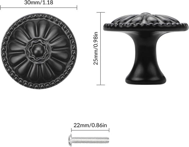 20 Pomelli Per Mobili Vintage Nero - Maniglie Cassetti Rotonde Con Viti Per Armadi E Credenze - Foto 2