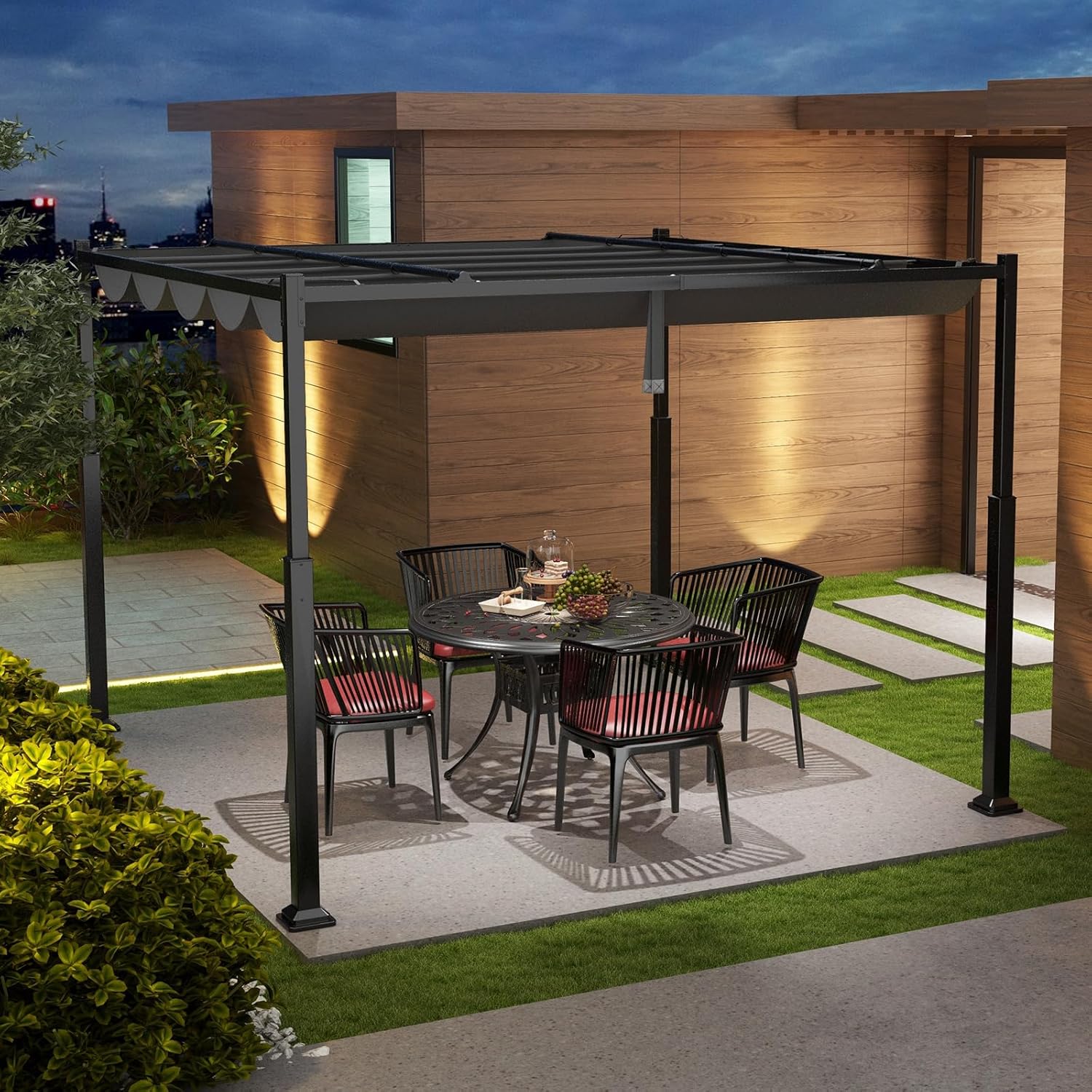 Pérgola de patio de 3,1 x 3,1 m con toldo retráctil deslizante. Pérgola exterior metálica resistente con parasol y piquetas. Gris - 7