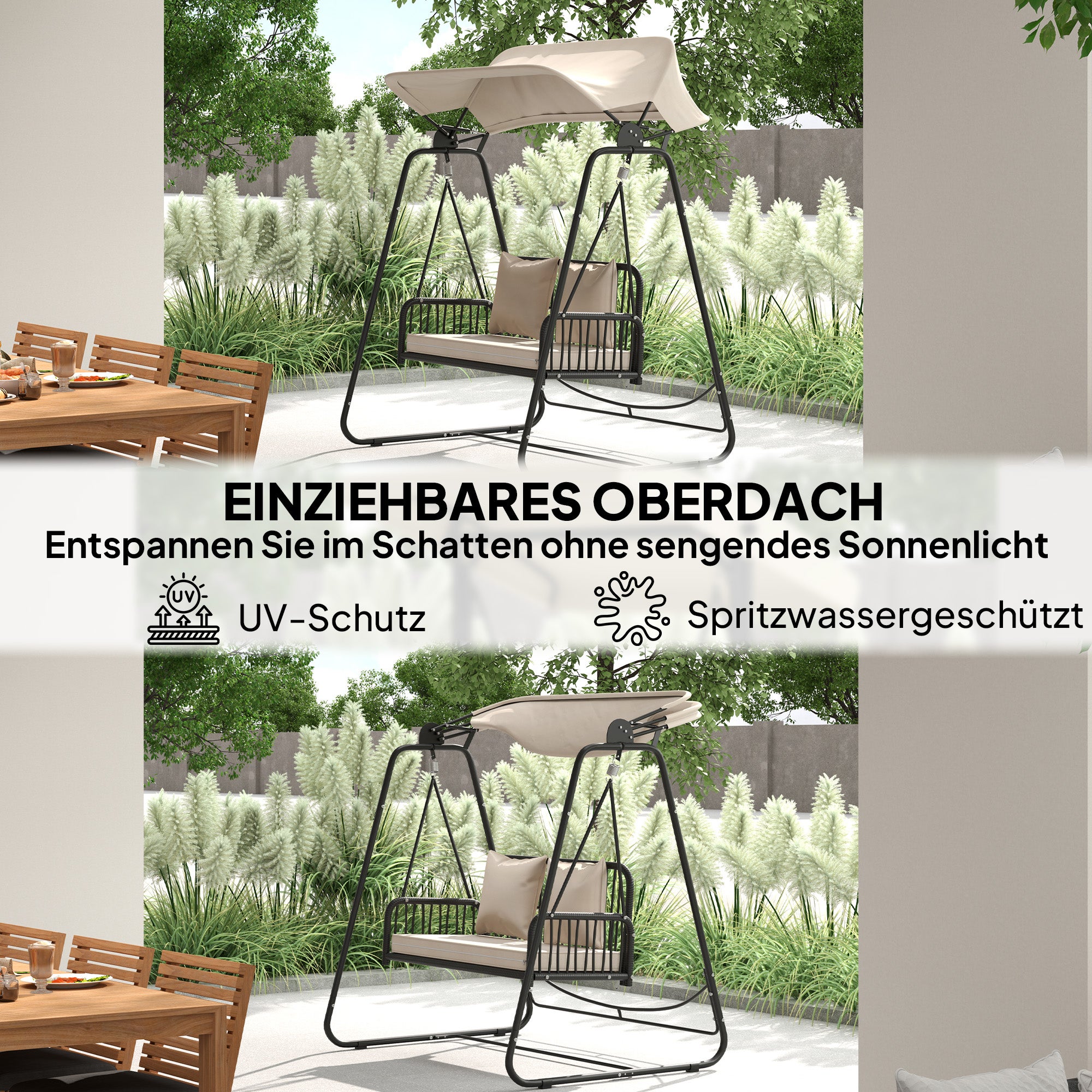 Balancelle de jardin Hollywood Swing 2 places en rotin avec auvent et coussins, jusqu'à 240 kg, 149 x 121 x 180 cm, kaki - 6