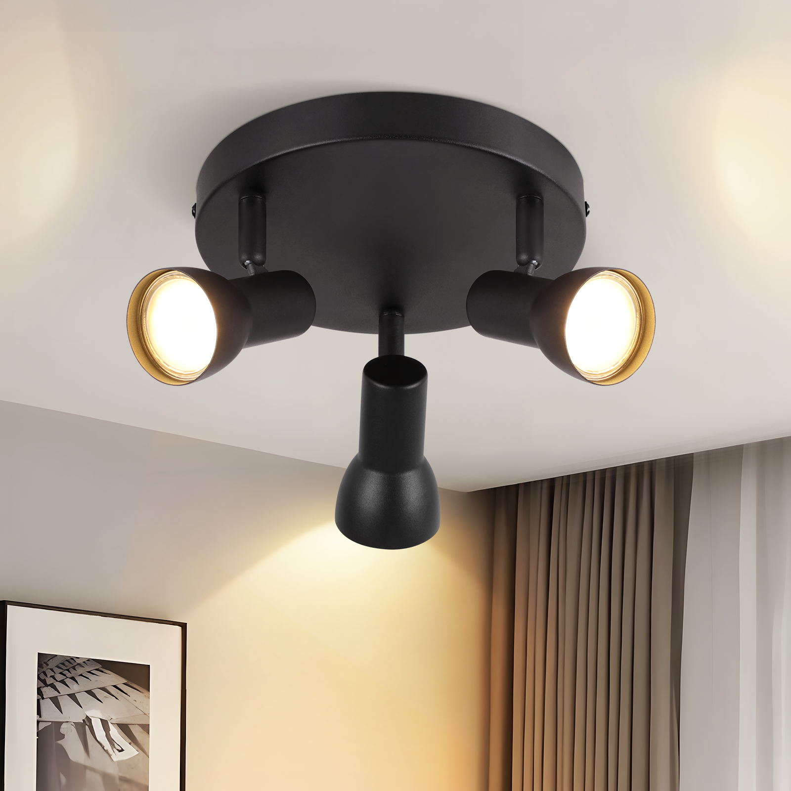 ZMH Czarna lampa sufitowa 3-punktowa - nowoczesny, obrotowy design, metalowa oprawka GU10 (żarówka nie jest dołączona)