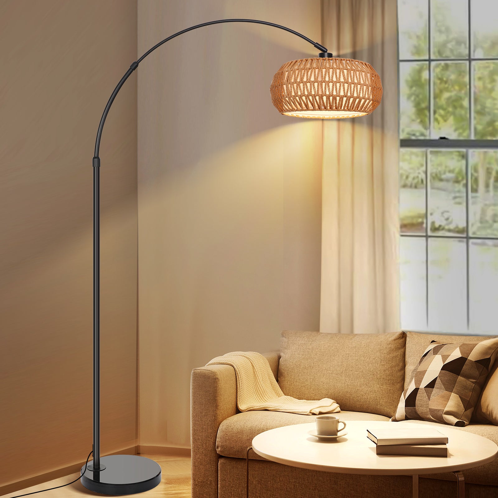 Lampadaire en rotin réglable avec télécommande – design boho, lampe de salon LED avec étagère, interrupteur au pied - 9