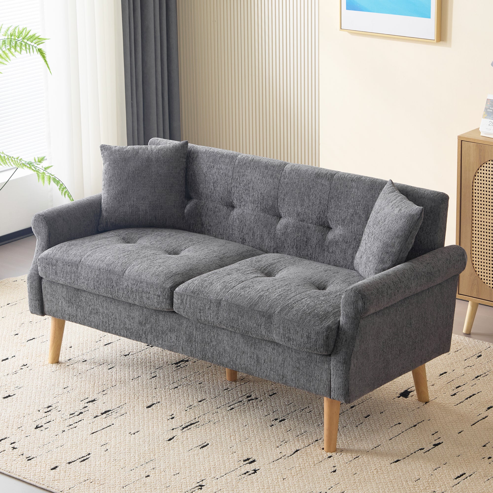 Canapé 2 places en tissu chenille avec coussins épais - 162 x 74 x 77 cm - pour salon, chambre - Gris clair - 2