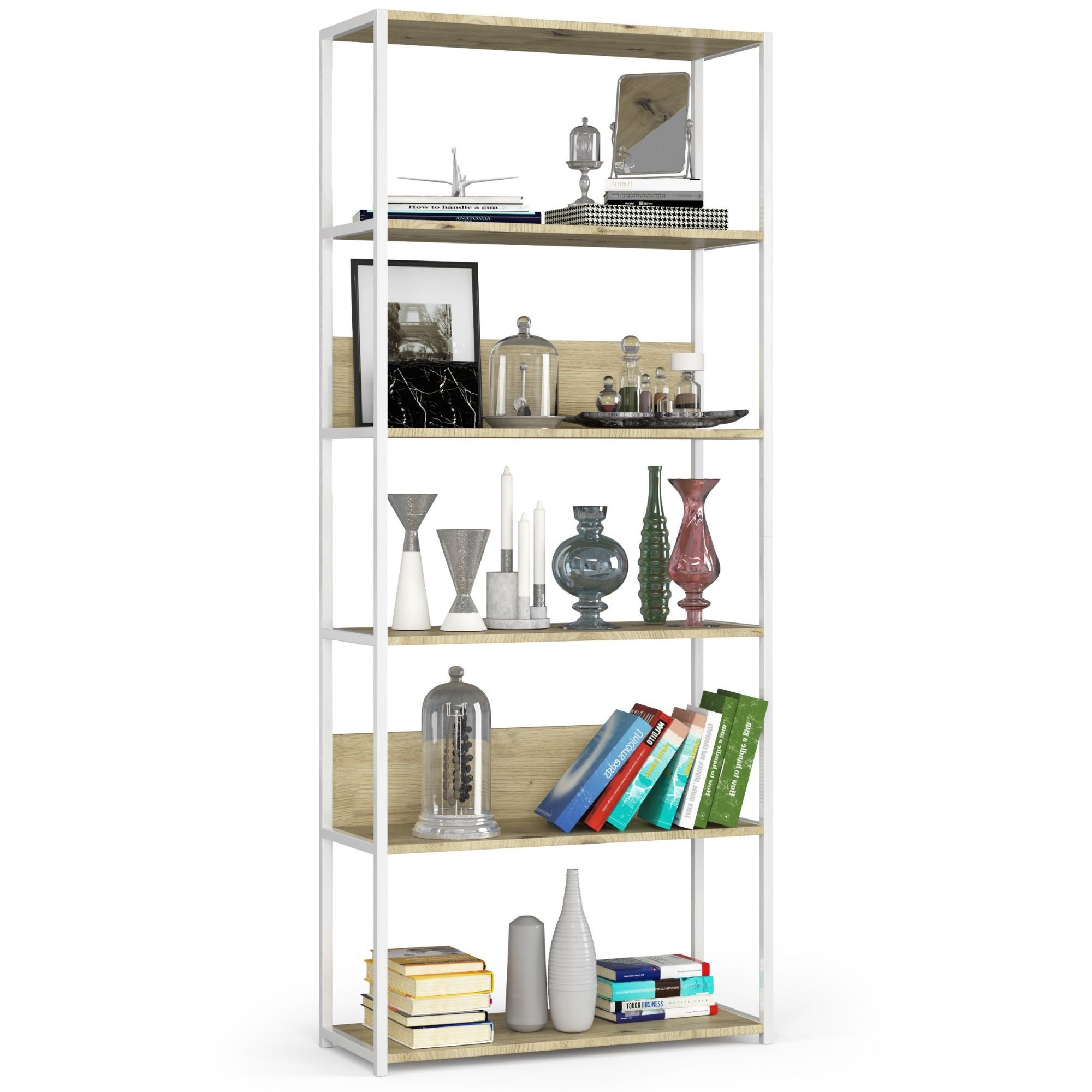 Regał loft AKORD metalowy Biały 80 cm kolor Dąb Artisan mat 6 półek 80x32x192 cm