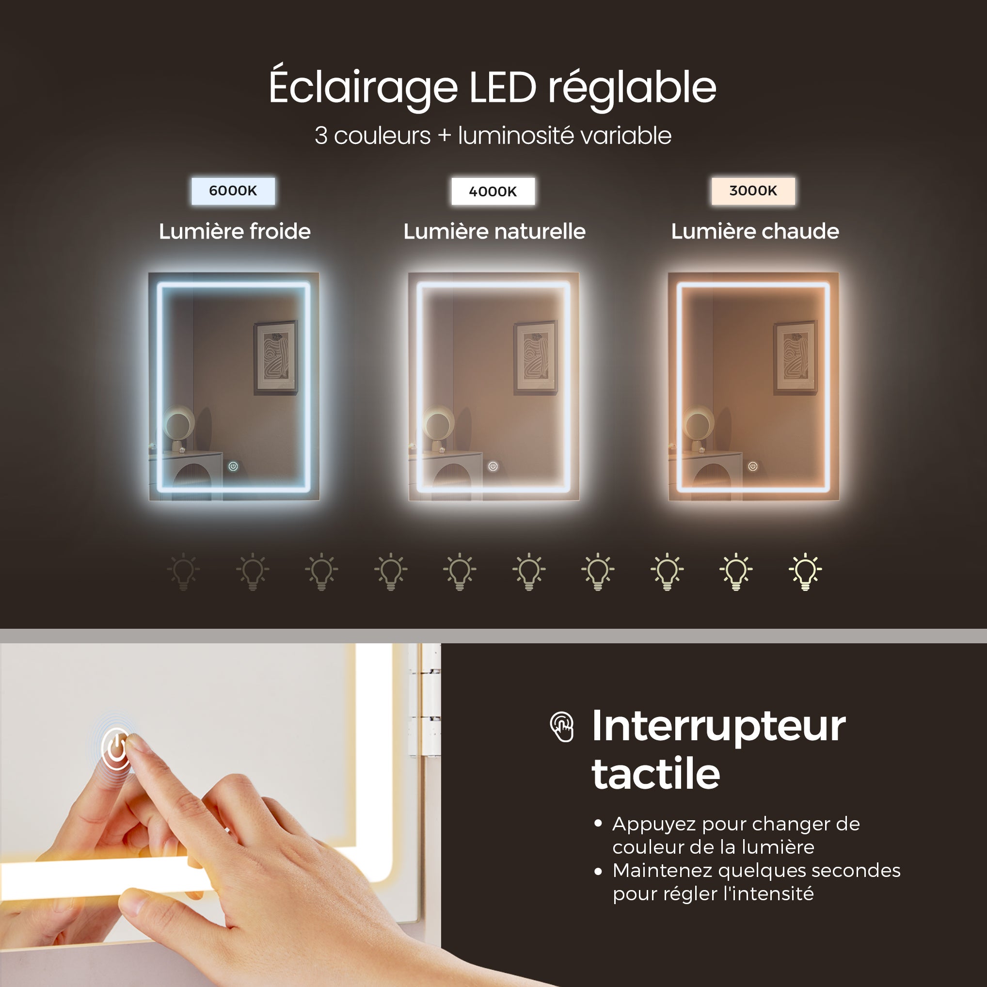 Coiffeuse, Grand Miroir LED à Luminosité Réglable, Compartiments Ouverts, Tabouret, Étagères Réglables, Blanc Nuage - 2