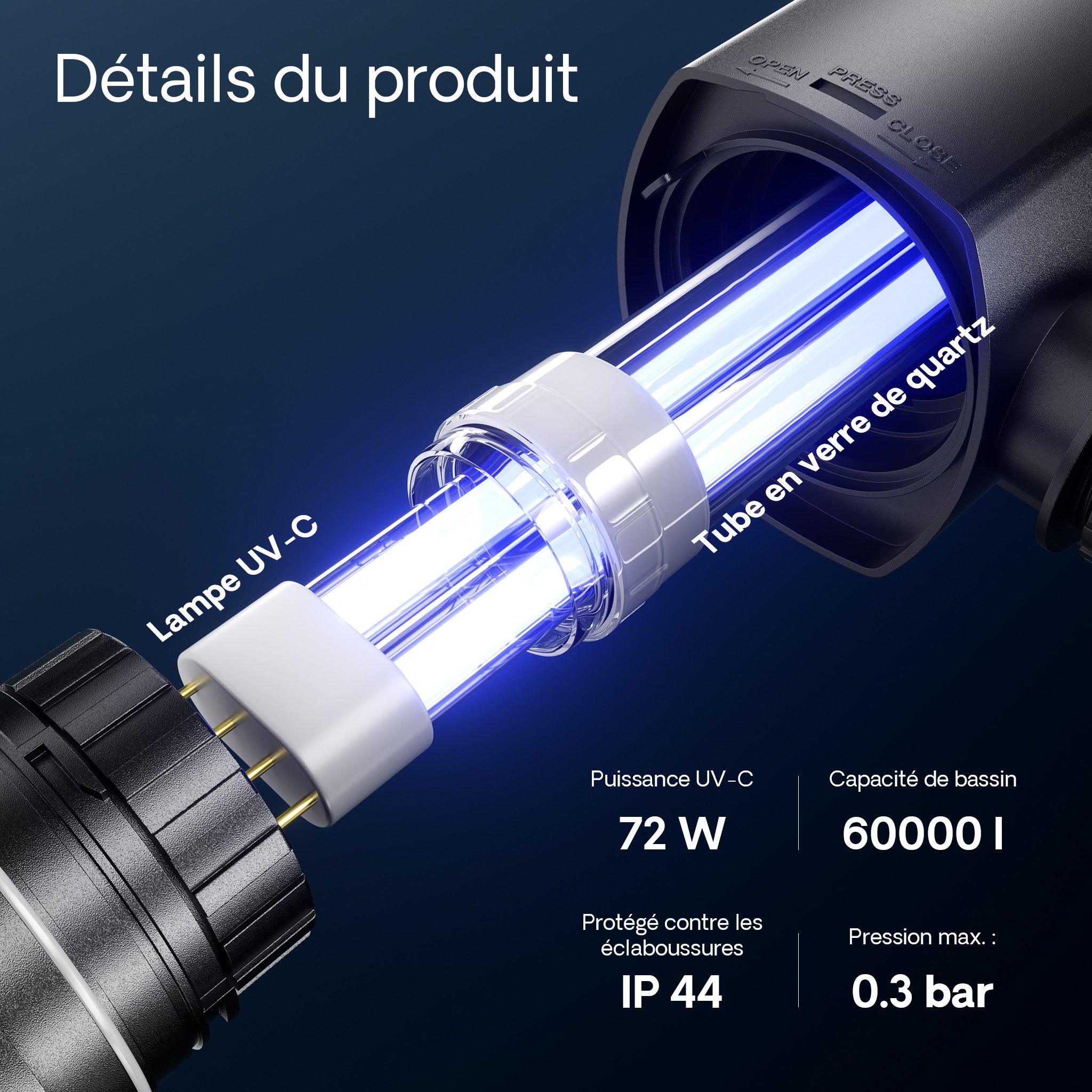 CUV-272 Stérilisateur Clarificateur de bassins ou d’étang - débit max. de 6000 l/h - avec Lampe rayons UV-C 72 W - pour Poissons et plantes… SunSun... - 6