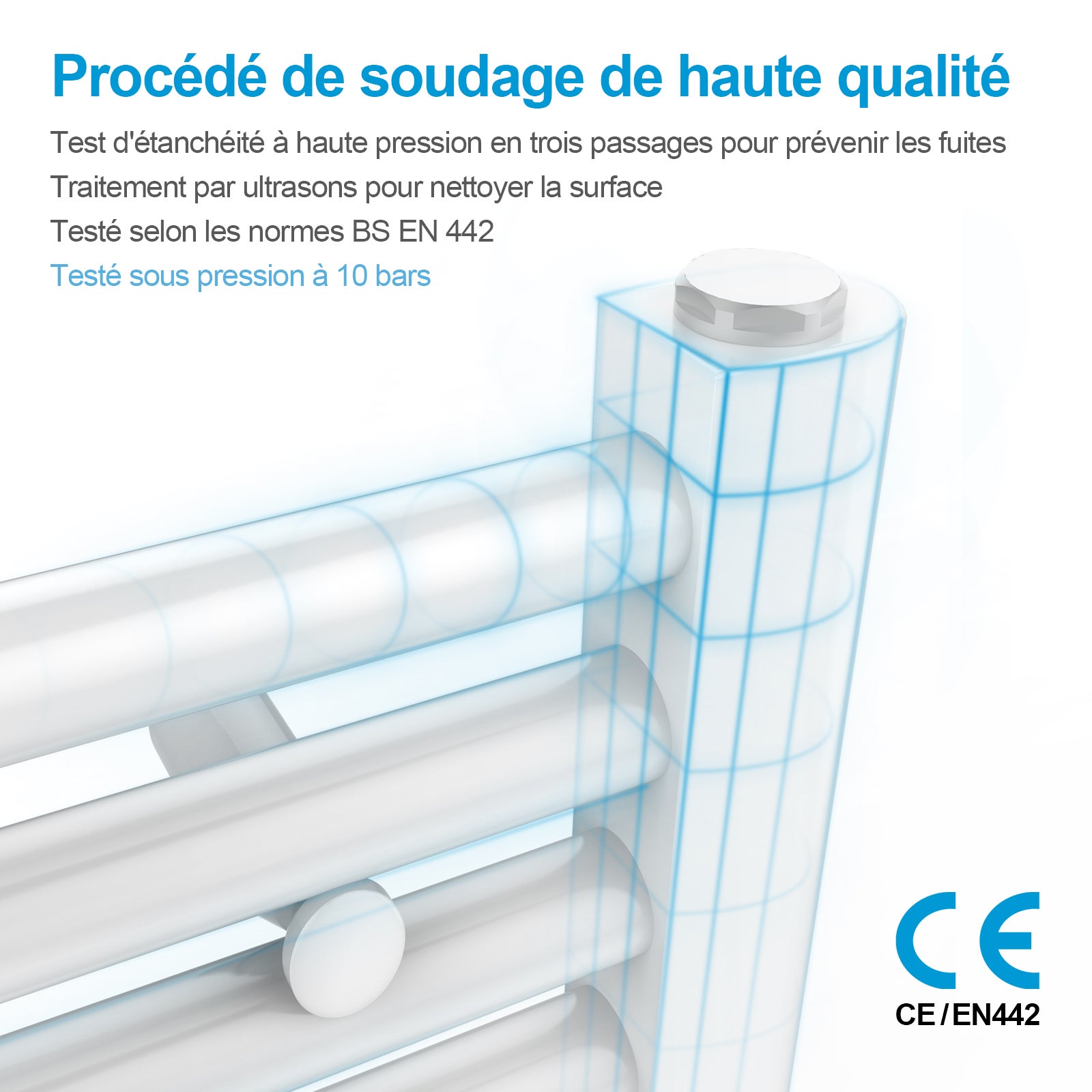 Heilmetz Sèche-serviettes eau chaude 100x60cm Blanc – Radiateur mural tubulaire droit, 498W pour chauffage central - 2