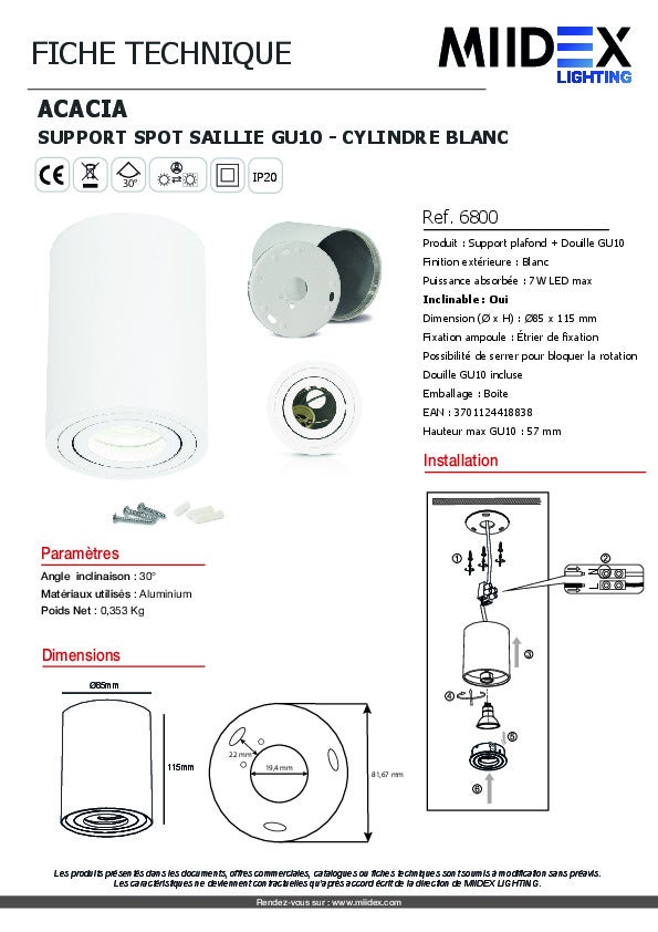 Support de Spot Saillie GU10 Orientable 30° 7W IP20 Ø85mm - 8