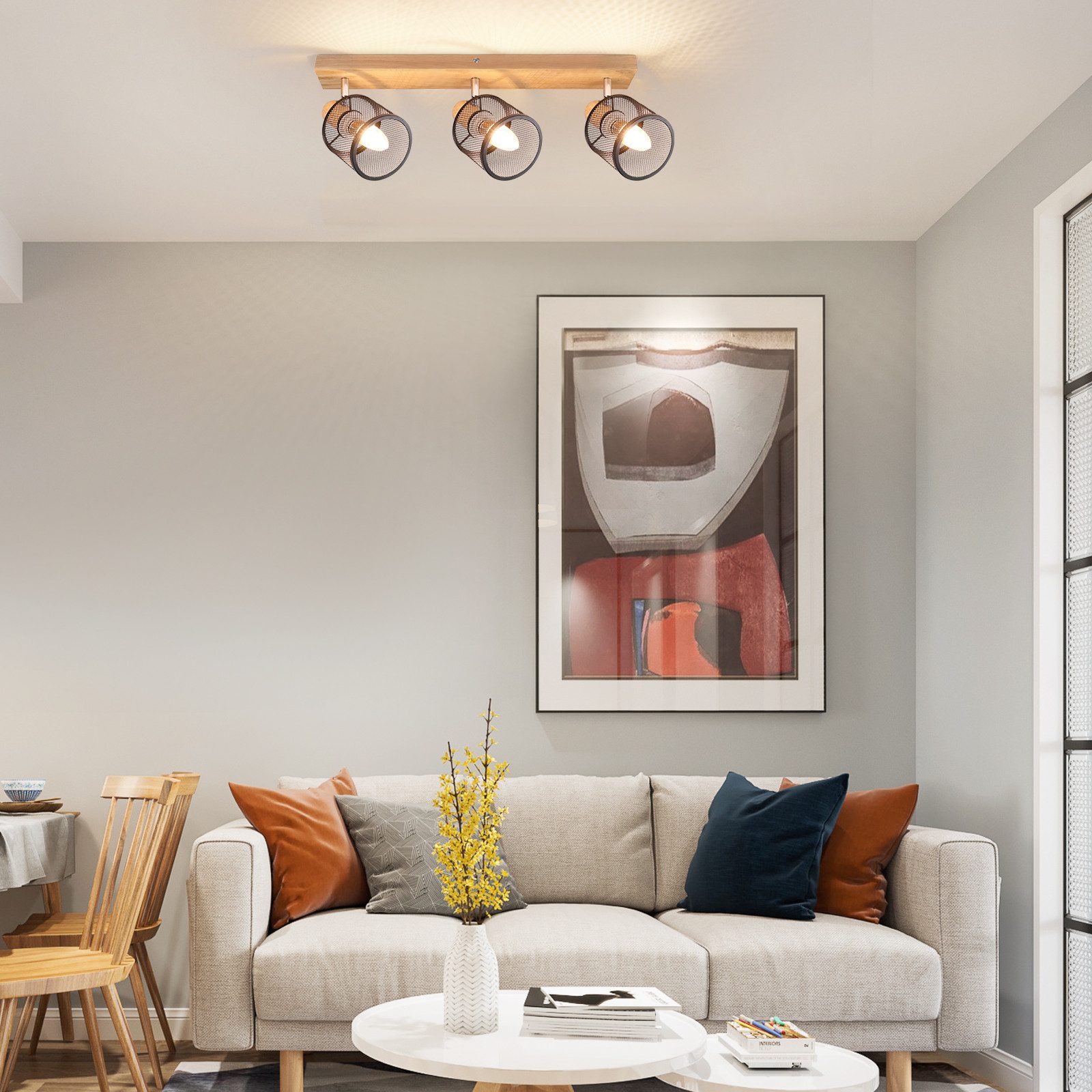 NETTLIFE Plafoniera 3 faretti effetto legno nero - E14 plafoniera orientabile 350° 4 lampadine max 25w moderna per soggiorno camera da letto cucina. - 8