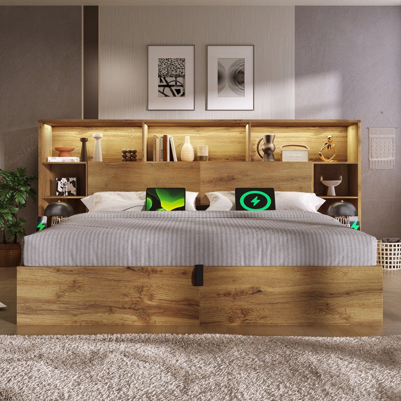 Lit 180x200 avec LED et USB, Lit Coffre 180x200 avec tables de chevet intégrées et hydrauliques, Cadre de lit En bois chêne (Sans Matelas) - 7