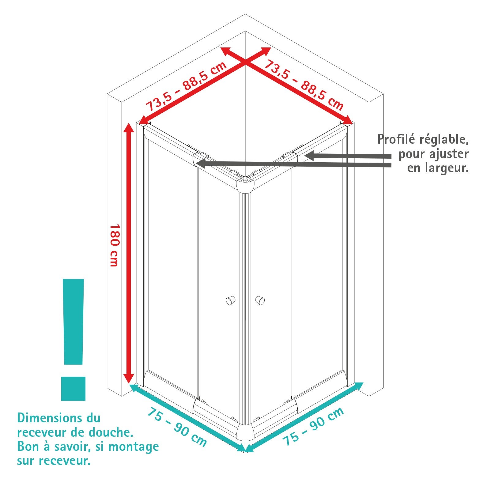 Schulte paroi de douche accès d'angle droit, 75-90x75-90x180 cm, portes de douche coulissantes, verre 4 mm, transparent, noir, Sunny - 8