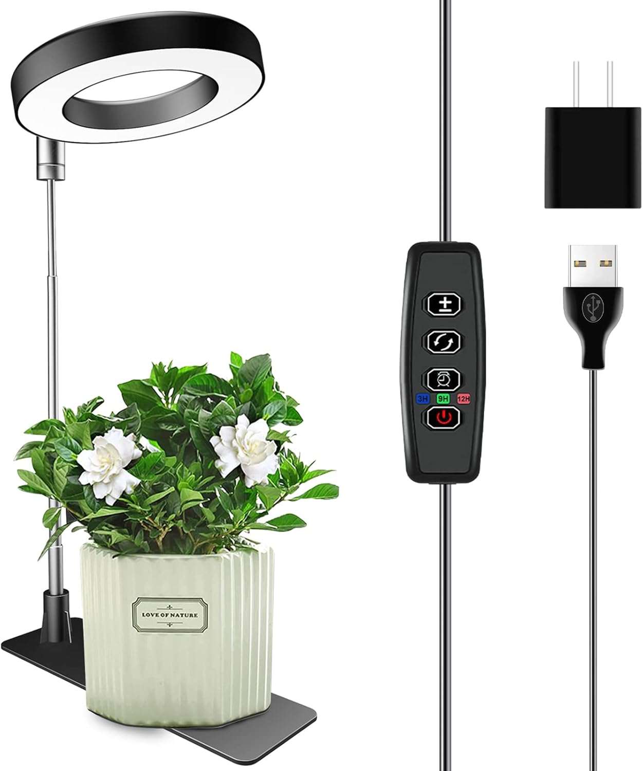 Czarna lampa do uprawy roślin z teleskopowym drążkiem 16-65 cm 1 z podstawą, zasilaczem, ciepłym białym światłem, ustawieniem timera