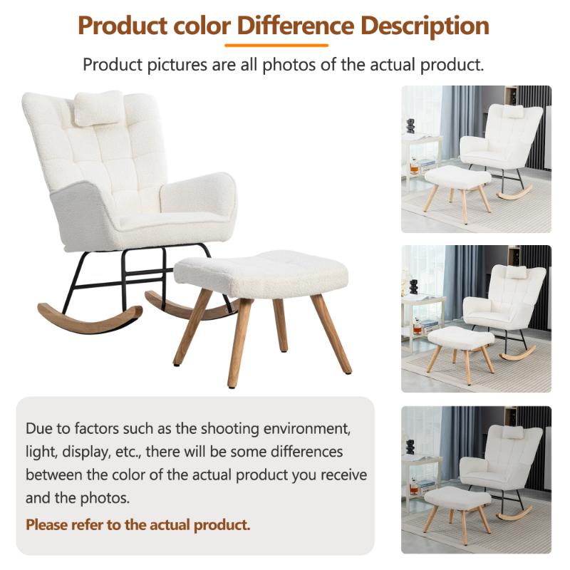Fauteuil à bascule confortable blanc 93 cm avec repose-pieds, coussin lombaire, structure en bois de caoutchouc, fauteuil de relaxation - 9
