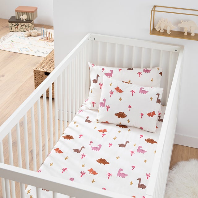 Drap-housse bébé coton bonnet 17 cm, Dino Pop rose - Imprimé - 70 x 140 cm