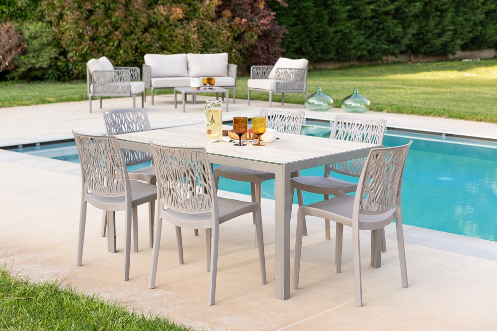 Mesa rectangular 150x90 cm fija con estructura de aluminio y tablero de vidrio decorado Milo para interior/exterior madera/tórtola - 2