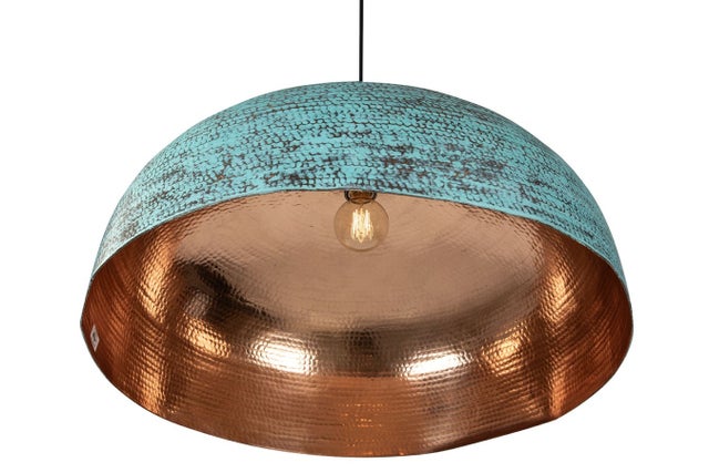 Suspension en cuivre artisanal du Mexique Sandia Verde XXL – Lustre vintage fait main plafonnier en cuivre massif | Applique de plafond verte 70x30 cm