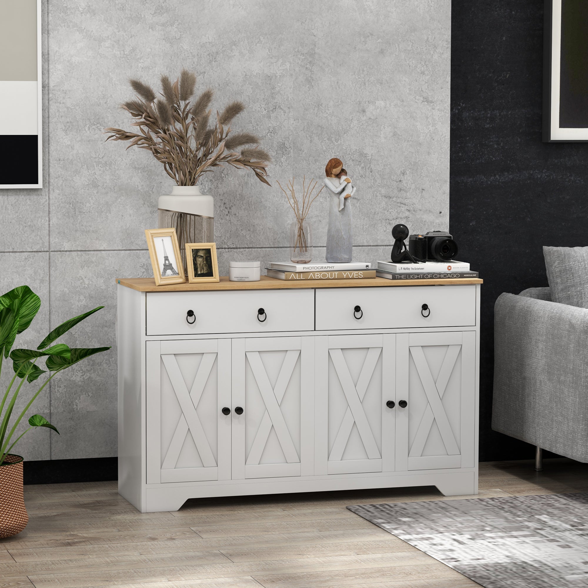 Buffet meuble de rangement armoire de cuisine style rural 2 tiroirs et 2 placards étagères à hauteurs réglables blanc - 4