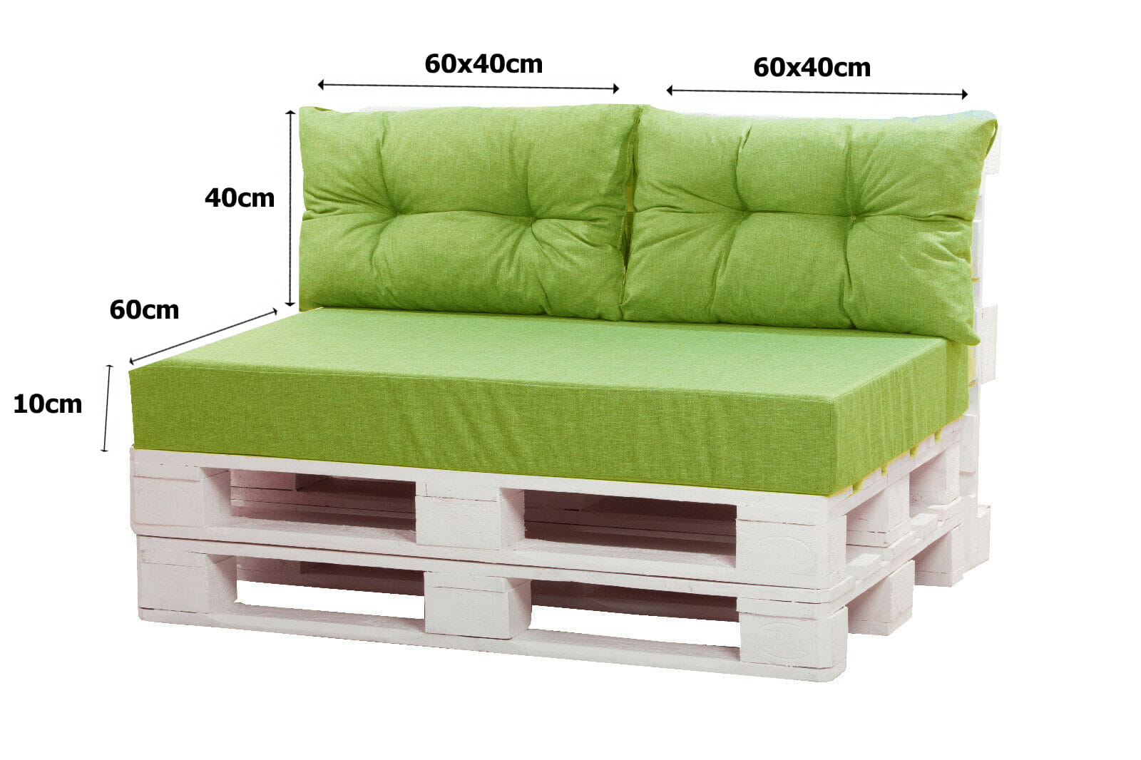 Coussin palette 120x60x10cm assise et dossier 2x 60x40cm, lot de coussins jardin, coussin palette Citron vert, lot de coussins pour salon de jardin - 3