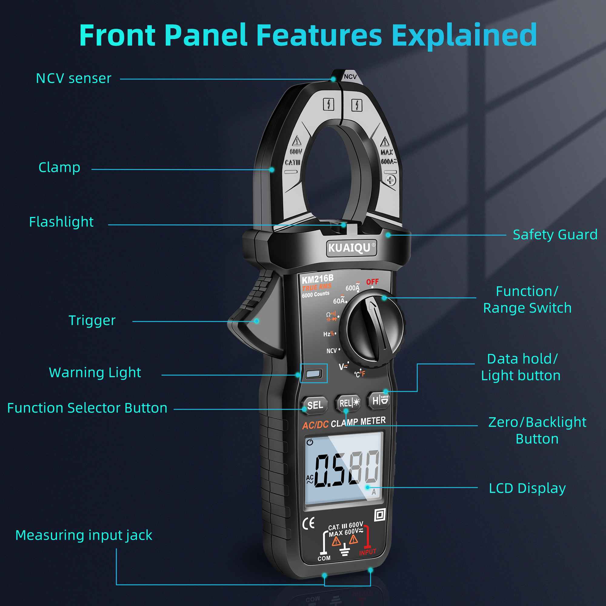 Multimètre pince numérique LED LCD 600A AC/DC NCV sécurité voltmètre test résistance continuité température - 9