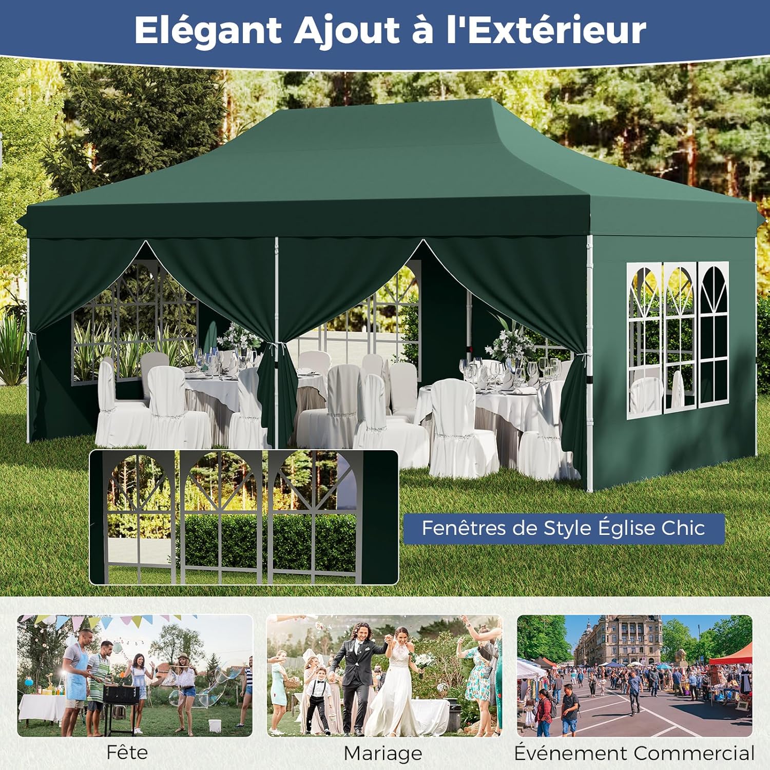 Tonnelle Pliable 3x6M avec 6 Parois Latérales, Barnum Tente de Réception Pliante Anti-UV 50+, Imperméable, 6 Sacs de Sable,Sac de Transport, Vert - 4