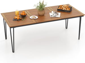 COSTWAY Table à Manger Extérieur en Bois d'Acacia Certifié FSC pour 8 Personnes, Table 200x90 cm avec Trou pour Parasol 5 cm, Pied en Métal 1